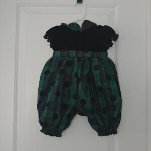 Baby Beri Blueberi Boulevard Grenn Tartan Plaid polka dot velvet Romper , 3/6 mo